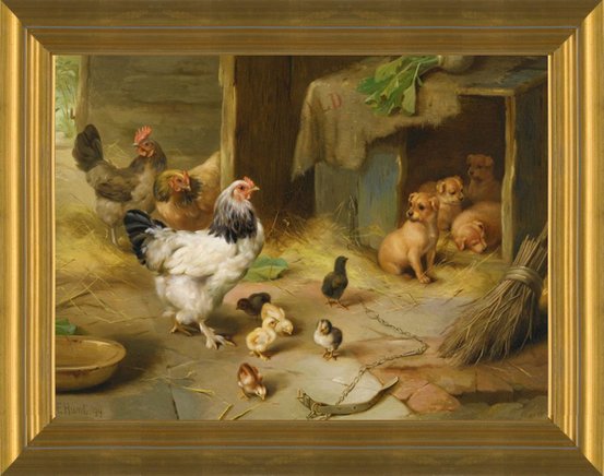 Antique home decor 14"x10" Art print farm Edgar Hunt Dogs puppies Chickens 