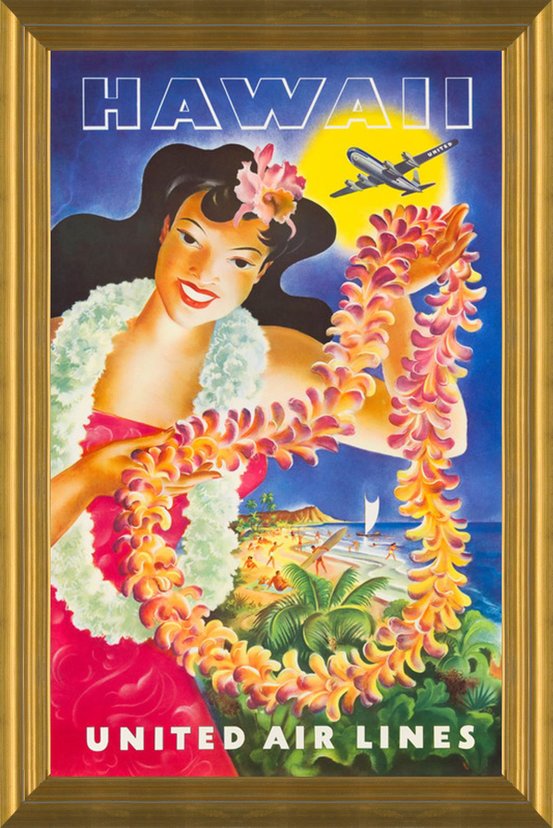 HAWAII UNITED AIR LINES ポスター 60s Art Prints of Hawaii United Air Lines, Hawaiin Girl with Leis Poster